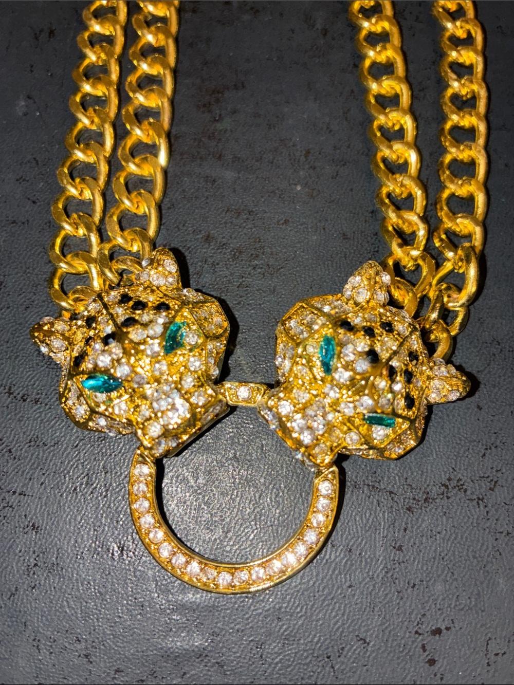 Gold Double-Chain Necklace with Crystal Leopard Heads with Bright Green Eyes
